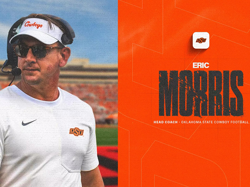 OSU football coach Eric Morris wearing a white shirt and visor with an OSU logo on it. Words on the graphic are Eric Morris, head coach, Oklahoma State Cowboy Football. OSU football coach Eric Morris wearing a white shirt and visor with an OSU logo on it. Words on the graphic are Eric Morris, head coach, Oklahoma State Cowboy Football.
