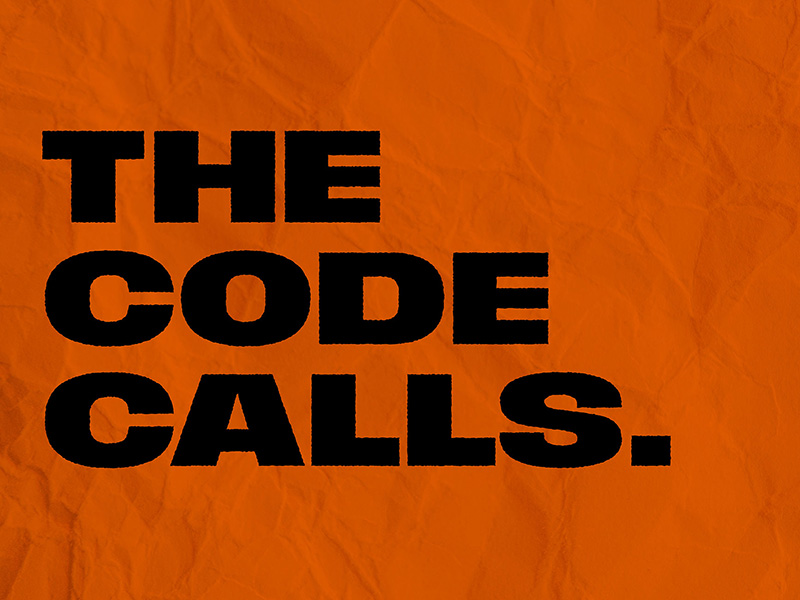 Bold black text reading “THE CODE CALLS.” appears on a textured orange background, representing Oklahoma State University’s brand campaign.
